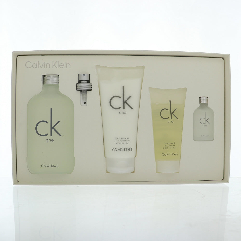 Ck One Fragrance By Calvin Klein 4 Piece Gift Set - 6.7 Oz Eau De Toilette Spray, 0.5 Oz Eau De Toilette Splash, 6.7 Oz Body Wash, 3.3 Oz Skin Moisturizer For Unisex In Gift Set
